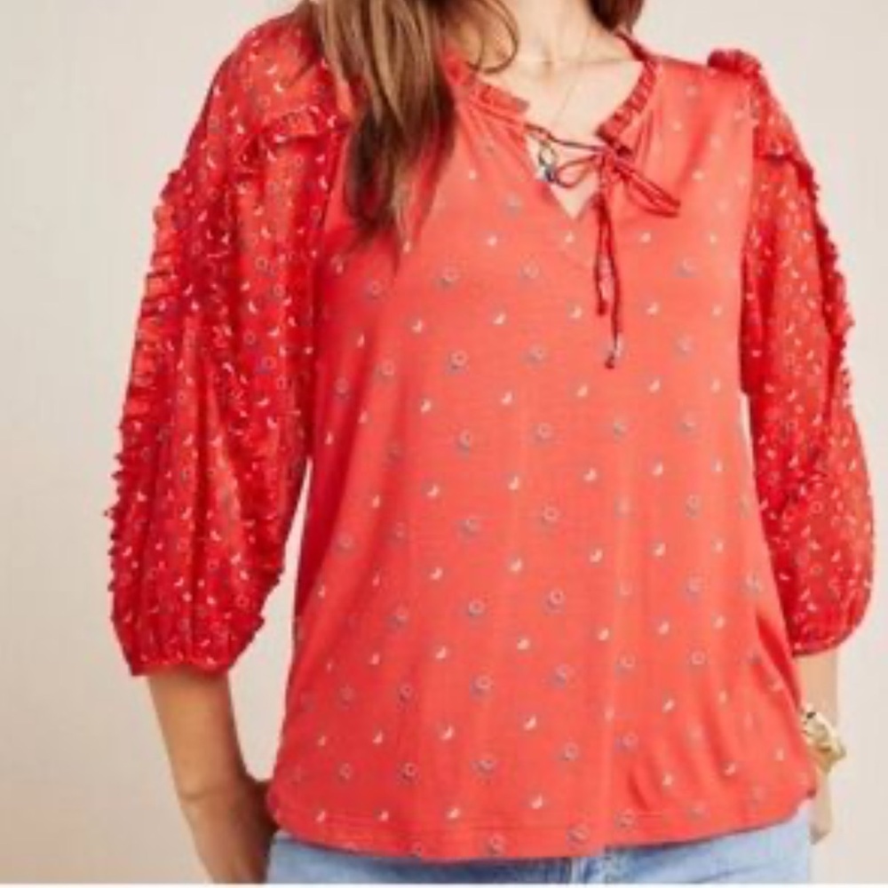 Anthropologie Red Ruffled Blouse with Peter Pan Collar